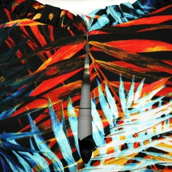Worthington Cold Shoulder Dress Black Blue Orange Red Hawaiian Palm Floral 8 - Picture 7 of 12